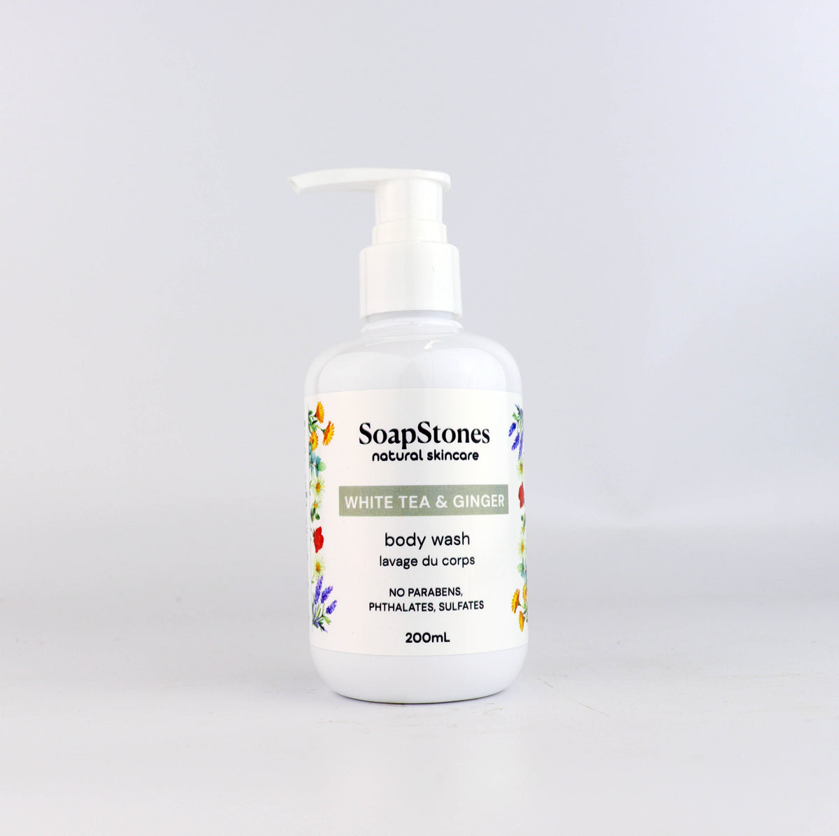 White Tea and Ginger Body Wash, Floral Tea with a Ginger Twist, 200mL - Soapstones Natural Skincare