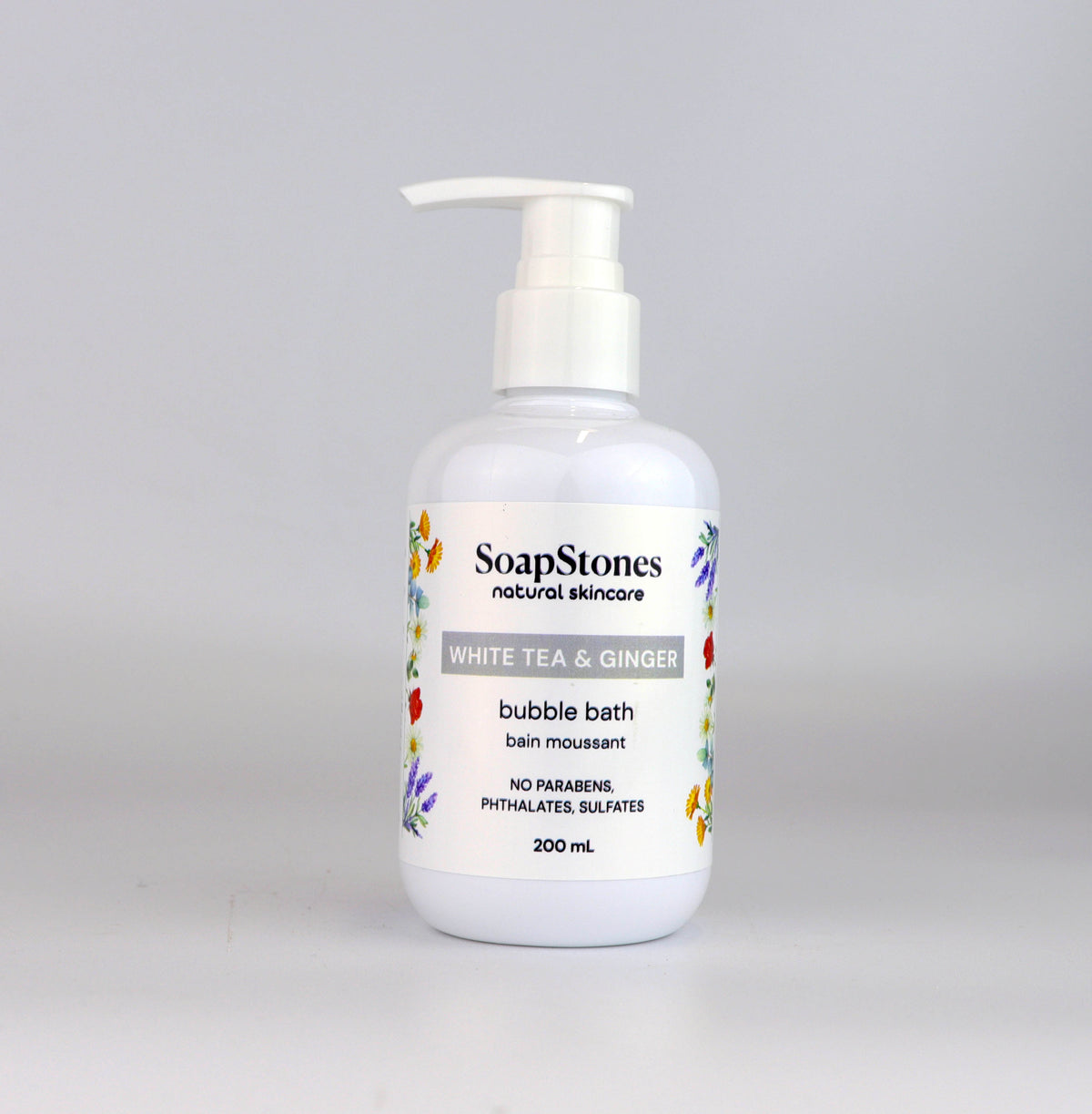 White Tea and Ginger Bubble Bath, Floral Tea with a Ginger Kick, 200mL - Soapstones Natural Skincare